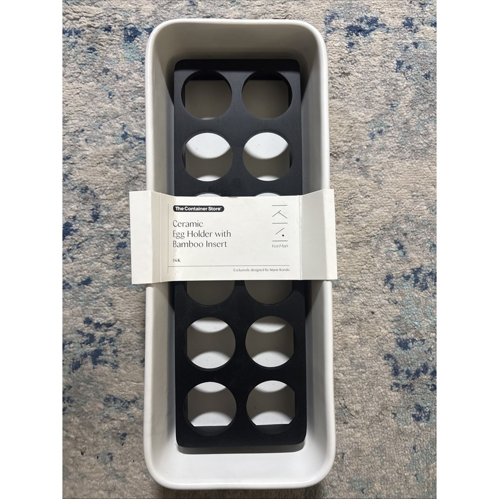 The Container Store Marie Kondo Ceramic Egg Holder Bamboo Insert Ink NEW HTF!